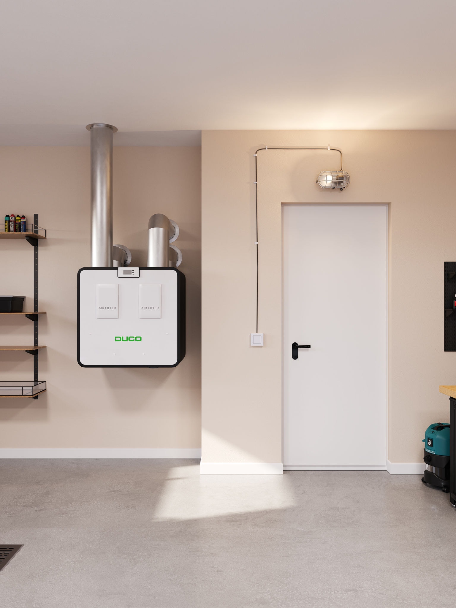 A nappaliba telepített DucoBox Energy Premium szellőztetőrendszer, amely bemutatja a ház szellőztetési megoldását a levegő keringetésének javításához és a páratartalom csökkentéséhez.